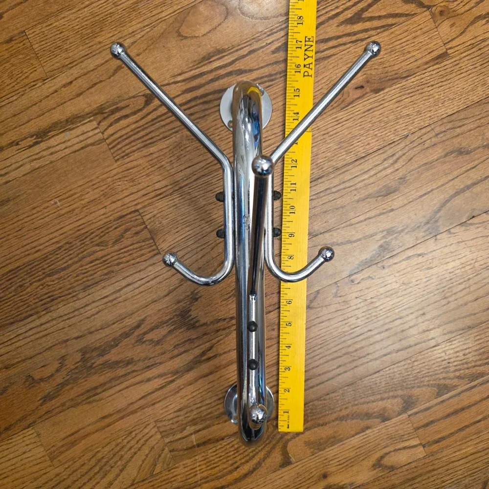 Vintage MCM Chrome Wall Mounted Coat Rack Atomic 6 Hook Space Age Industrial